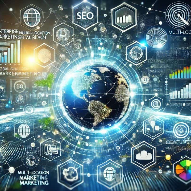 A visual representation of Enter Enterprise Marketing, showcasing a global digital network with icons for SEO, multi-location marketing, and data analytics, symbolizing strategic digital growth and engagement." These elements effectively use the name "Enter Enterprise Marketing" while conveying the core aspects of the service.