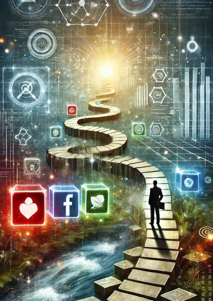 A portrait-style image of a business professional navigating a winding path through digital obstacles, with guidance toward an illuminated destination, representing adaptation in the evolving digital marketing landscape.