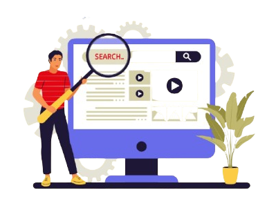 Illustration depicting Technical SEO with a person holding a magnifying glass in front of a computer screen, symbolizing the process of optimizing a website for better search engine performance.