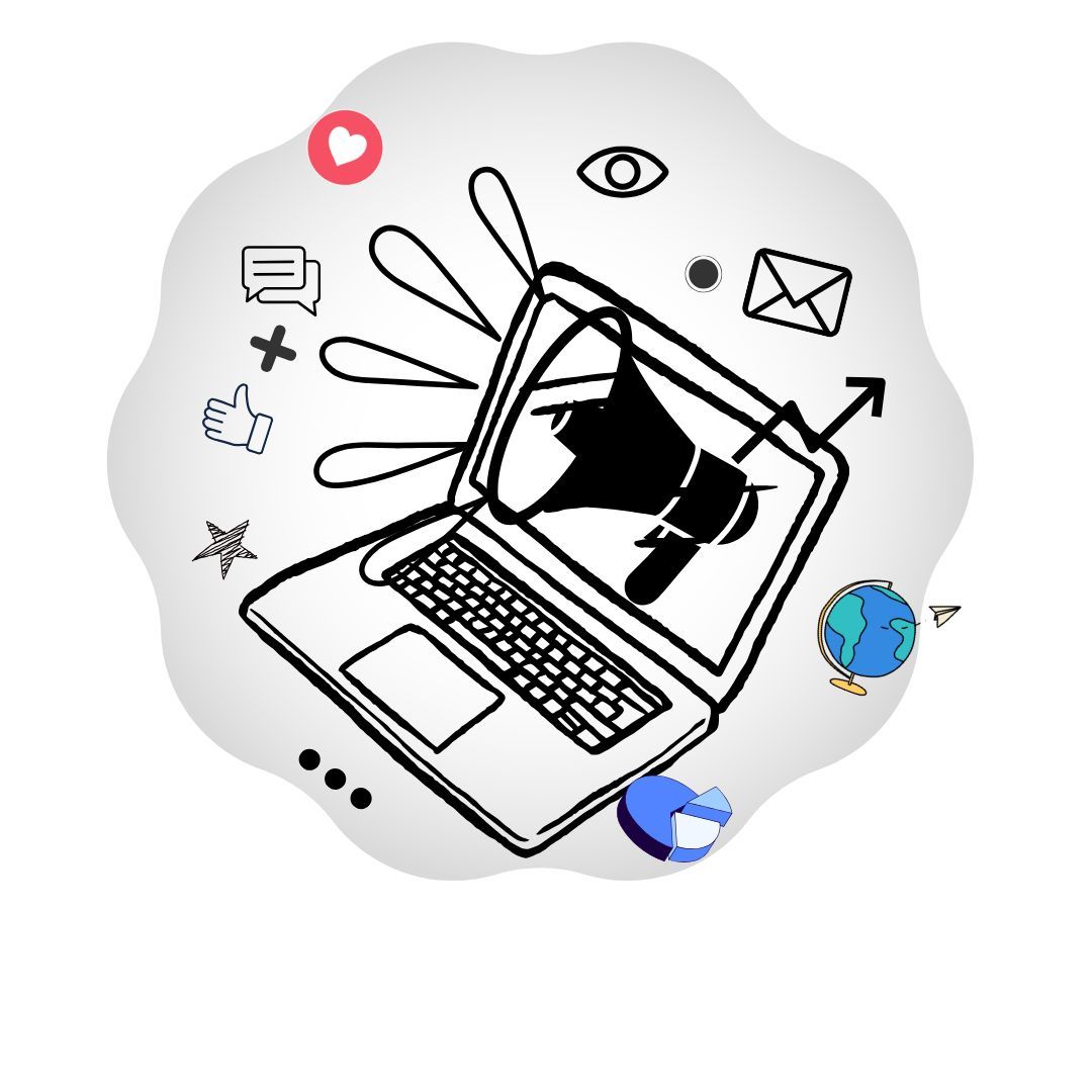 Illustration of Enterprise Digital Marketing with a laptop, megaphone, and digital icons representing online communication and global engagement.