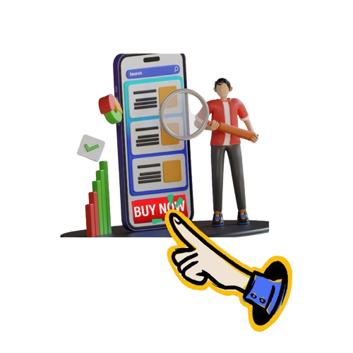 3D illustration of a smartphone displaying franchise SEO strategies, with a magnifying glass, growth charts, and a "Buy Now" button